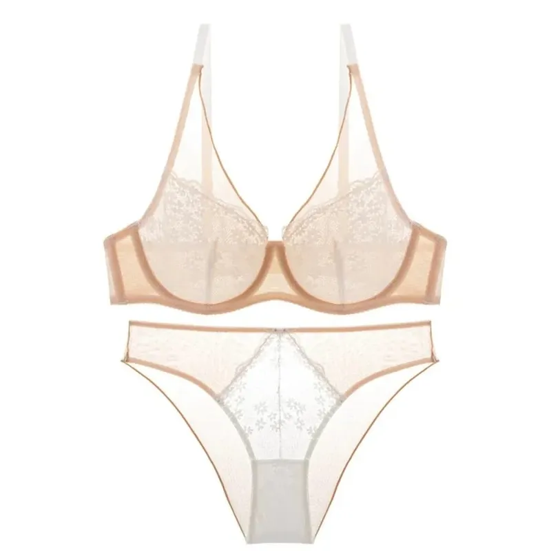 Mesh Lace Flower Bra Set Lingerie Brassiere Push Up Bra Women Thin Underwear Lace Floral Underpants Romantic Evenings