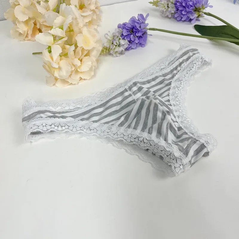 Men Lace Trim Striped G-string Underwear Half-covered Butt Low-rise Pantie Thong Half Hip Men Briefs Mens Sexy Underwear