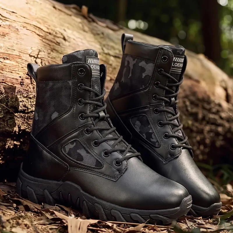 Men High‑top Casual Boots Lace‑up PU Fabric Splicing Rugged Non‑slip Thick Sole Shoes For Daily Street Walking All Season — image 2