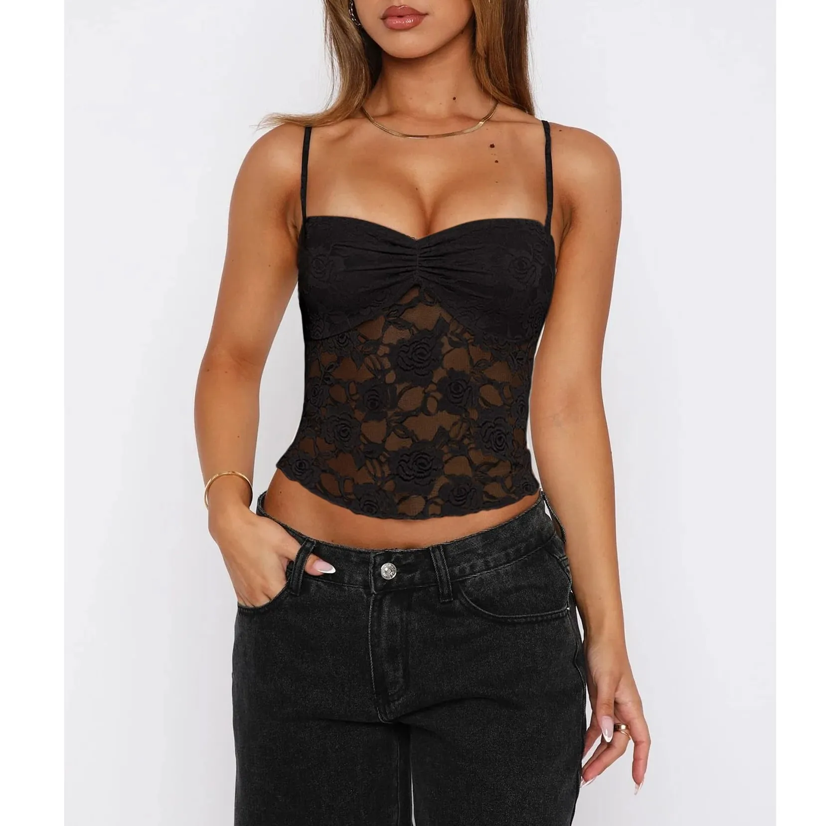 Women's Summer Lace Cami Tops Sleeveless Ruched Front Solid Color Camisole Slim Fit Tank Tops