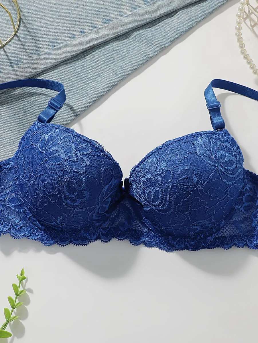Blue Lace Push Up Bra Set Women Sexy Underwire Bra & Panty Set Lingerie Sets Breathable Ladies Intimates — image 3
