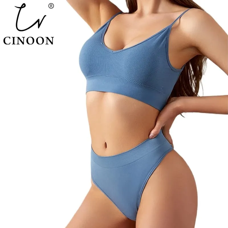 Conjunto de sujetador acanalado sin costuras para mujer, Bralette inalámbrico con escote en V profundo, bragas superiores, conjunto de lencería de dos piezas, ropa interior deportiva para Fitness