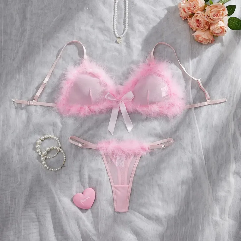Valentine Lingeries Sexy Hot Cute Bra Hilitos 2PC Romantic Intimate Fluffy Decor Pure Desire Fantasy Women's Underwear
