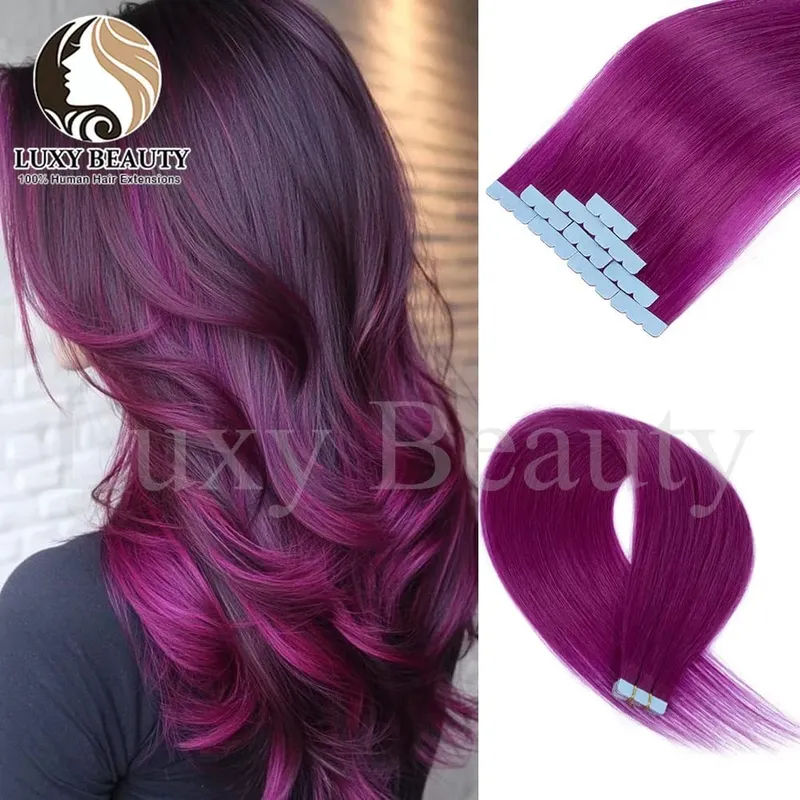 Colored Blue Mini Tape in Human Hair Extensions Invisible Seamless Tape in Hair 10pcs Pink Red Green Purple Blue Mini Tape Hair