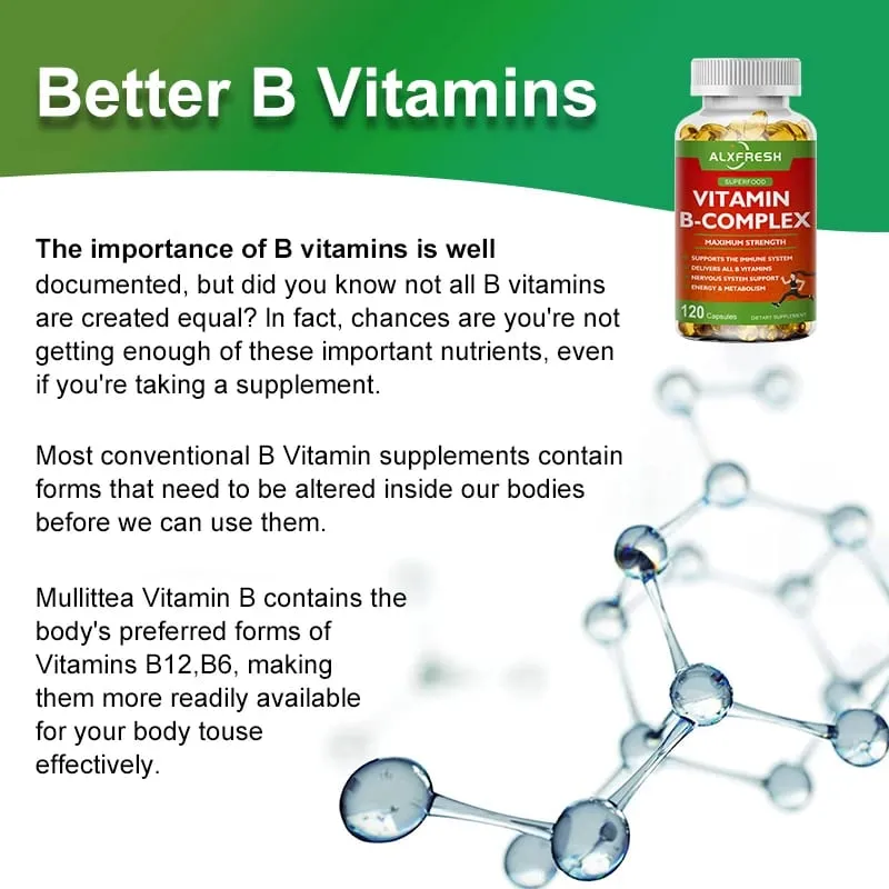 Alxfresh Vitamin B Complex with Vitamin C - Immune Health Energy Support & Nervous System Support - Non-GMO Vegetarian Capsule