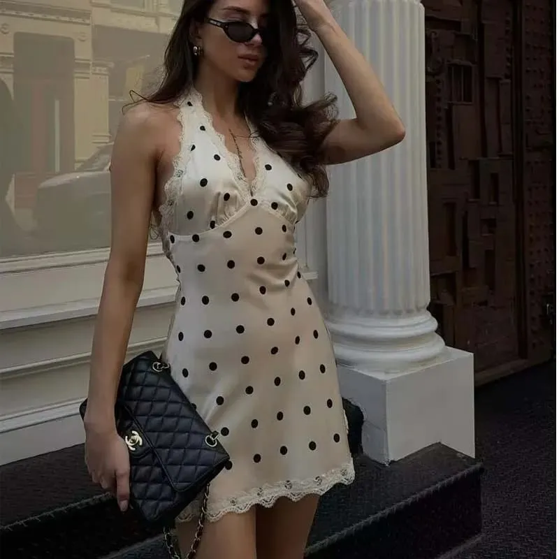 Lace Spliced Polka Dot Halter Dress Wome