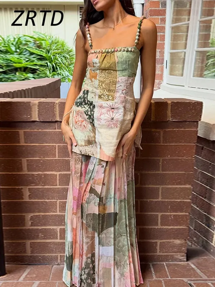 Sexy Printed Beaded Long Women's Dress Patchwork Sleeveless Backless A-line Sling Dresses 2026 Summer Lady Holiday Robes