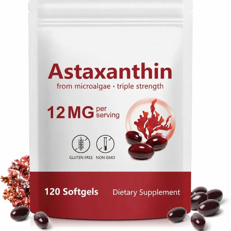 Cápsulas gelatinosas de astaxantina de microalgas promovem a produção de colágeno, sem soja, sem glúten, não OGM, força tripla 120 cápsulas gelatinosas
