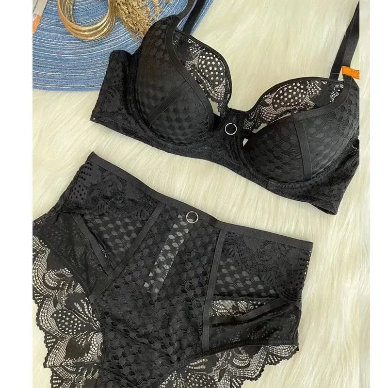 high quality lace bras and brief two piece set for women push up B C D cup hollow out wire summer lingerie underwear black white — image 7
