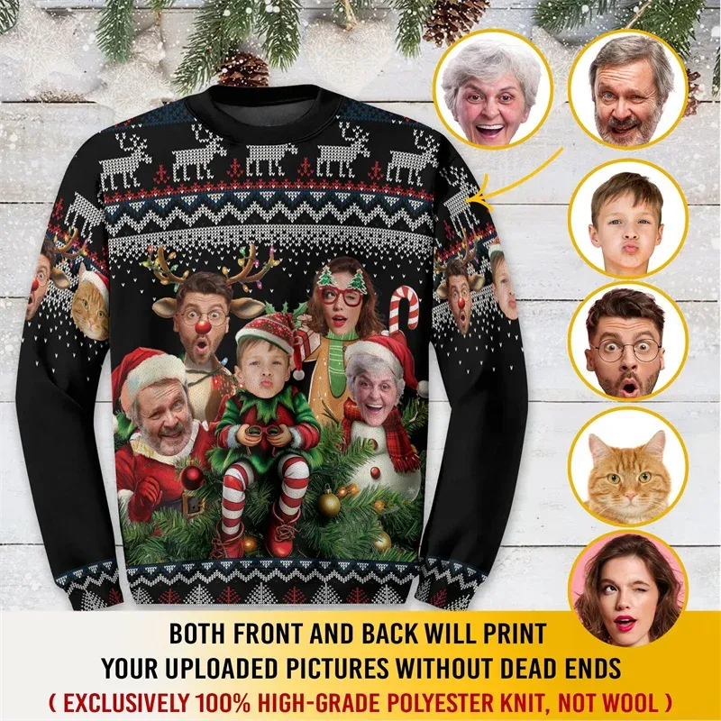 Custom Family Photo Christmas Sweatshirt Personalized Face Picture Print Xmas Tree Ugly Christmas Long Sleeve Party Tops — image 2