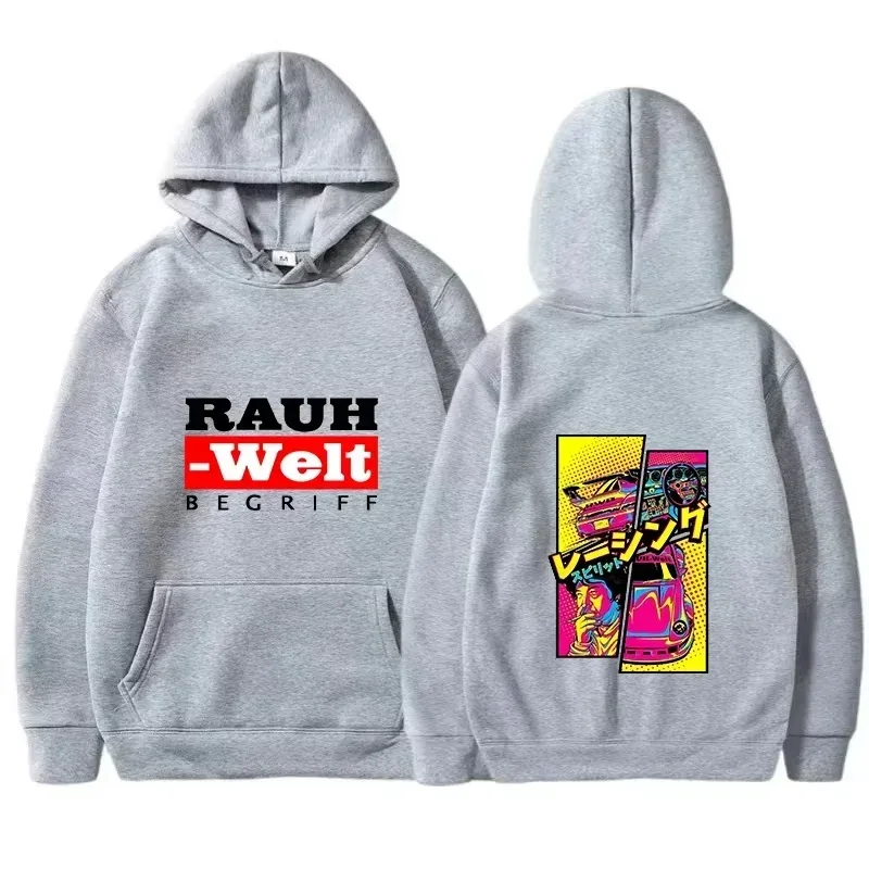 Rauh Welt Hoodie Car Widebody Tuning JDM Racing Pop Art Komik Estetik Hitam Bersaiz Besar Baju Kasual Lengan Panjang