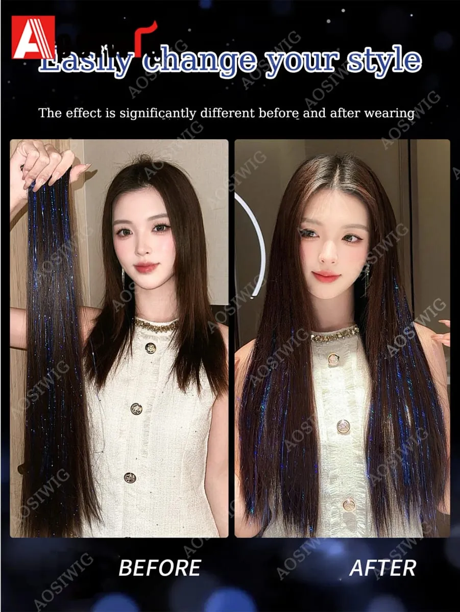 Blue Glitter Tinsel Clip in Hair Extensions One Piece Straight Synthetic Hairpiece with Sparkle Strands for Women Party Daily