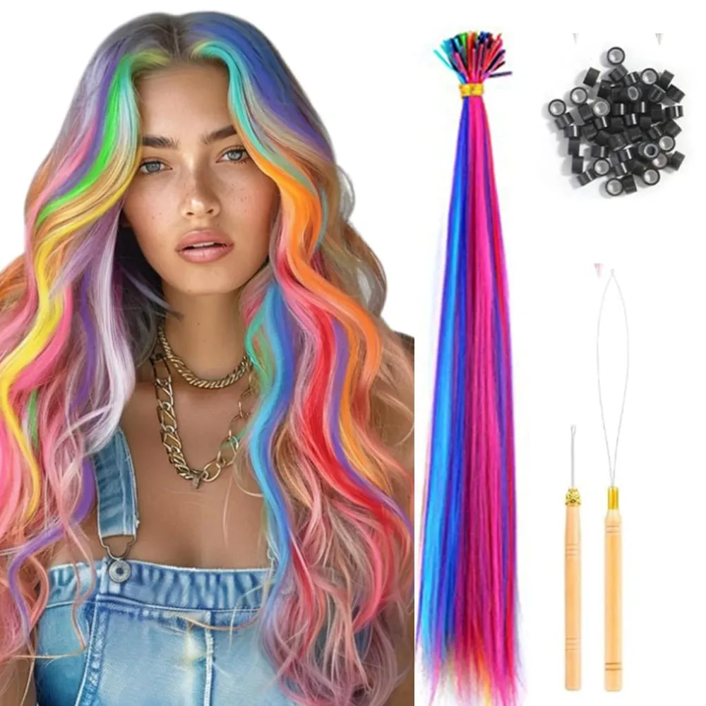 50 Pcs Hair Feathers with Hair Extension Tools Long Straight Synthetic Hair Feather Extensions Kit with Beads for Women Girls