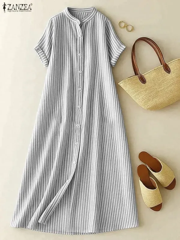 Women's Casual Striped Midi Dresses Stand Collar Short Sleeve Buttons Shirtdress Spring Summer Holiday Woman Clothes 3XL — image 5