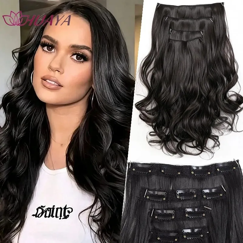 4‑Pcs Clip‑in Synthetic Hair Extensions Long Wavy Curly Heat‑Resistant Hair Pieces for Daily and Party Wear