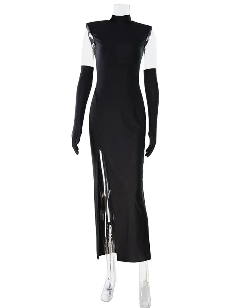 Ahagaga Fashion Women's Maxi Dress With Scarf Half Turtleneck Solid Sheath Bodycon High Split Party Eelgant Trend Vestidos Robes