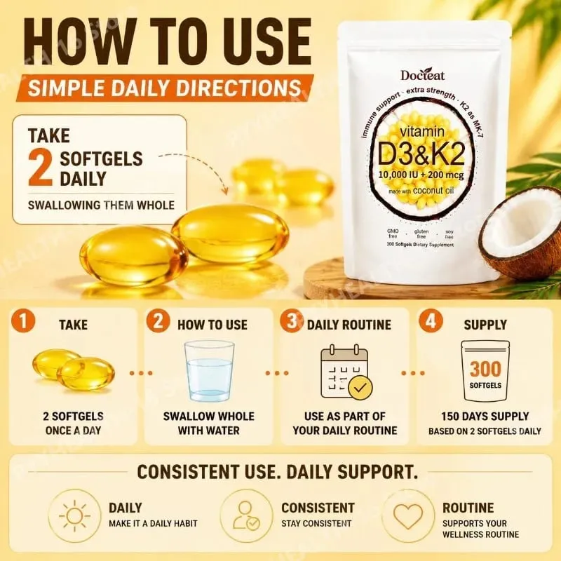 Docteat Vitamin D3 & K2 Softgels with Immune Support and Bone Health Coconut Oil GMO Free Gluten Free Soy Free 300 Softgels