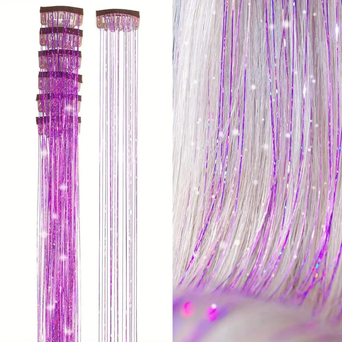 6Pcs 50cm Sparking Shiny Hair Tinsel Hair Extensions Tinsel Synthetic Hair Clip Extensions Women for Braiding Headdress — image 11