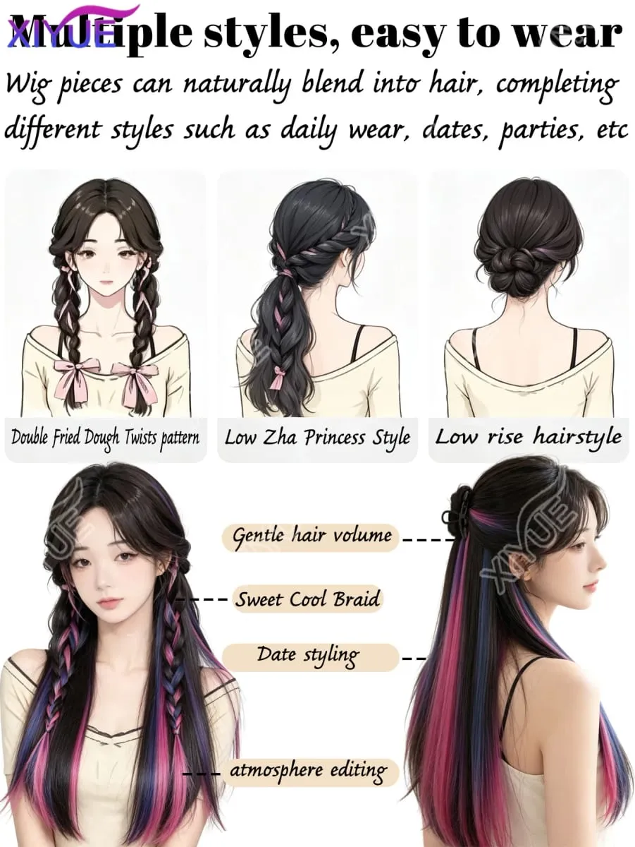 XY Hair Extensions 2pcs/pack Straight Extensions Multi-Colors Highlights Synthetic Hair Rainbow Hairpieces for Girls Halloween