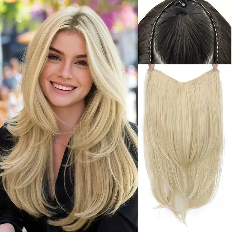 22Inch Synthetic V-Shaped Long Straight Layered Hair Extension Fluffy Increase Natural Invisible Hairpiece Wig for Women