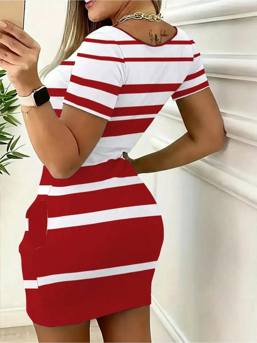 Elegant Casual round Neck Solid Color Striped Color Block Pocket Short Sleeve Mini Skirt Long Dress Comfortable