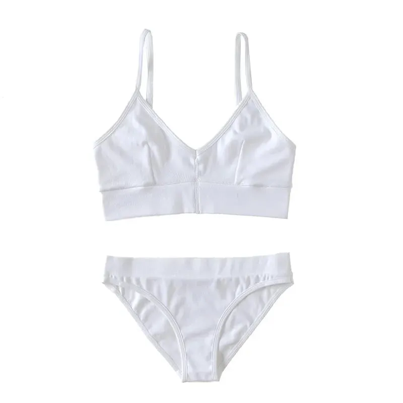 Women's Ribbed Wireless Bralette Set Solid Color Thin Strap Camisole Bra and Triangle Briefs Lingerie