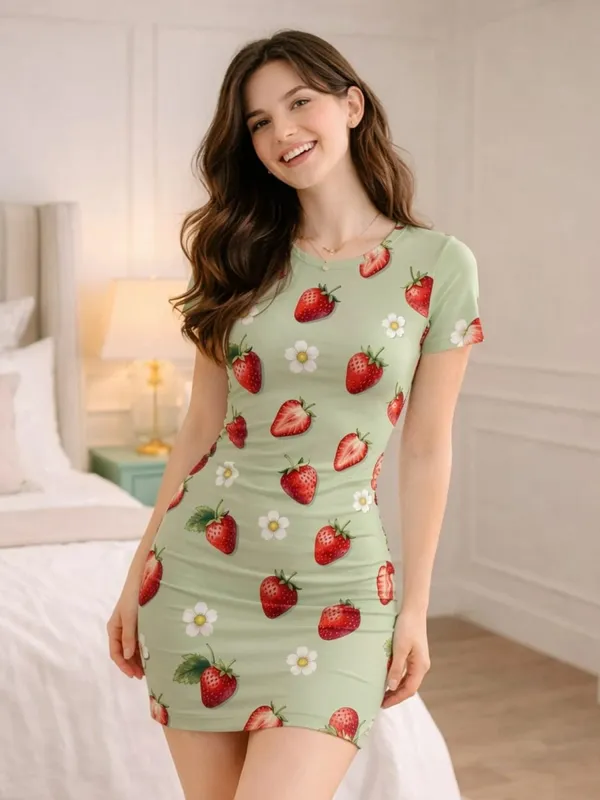 Womens Short Sleeve Bodycon Mini Dress Slim Fit Crew Neck Floral Print Casual Summer Party Cute Modern Holiday Clubwear Sundress — image 14
