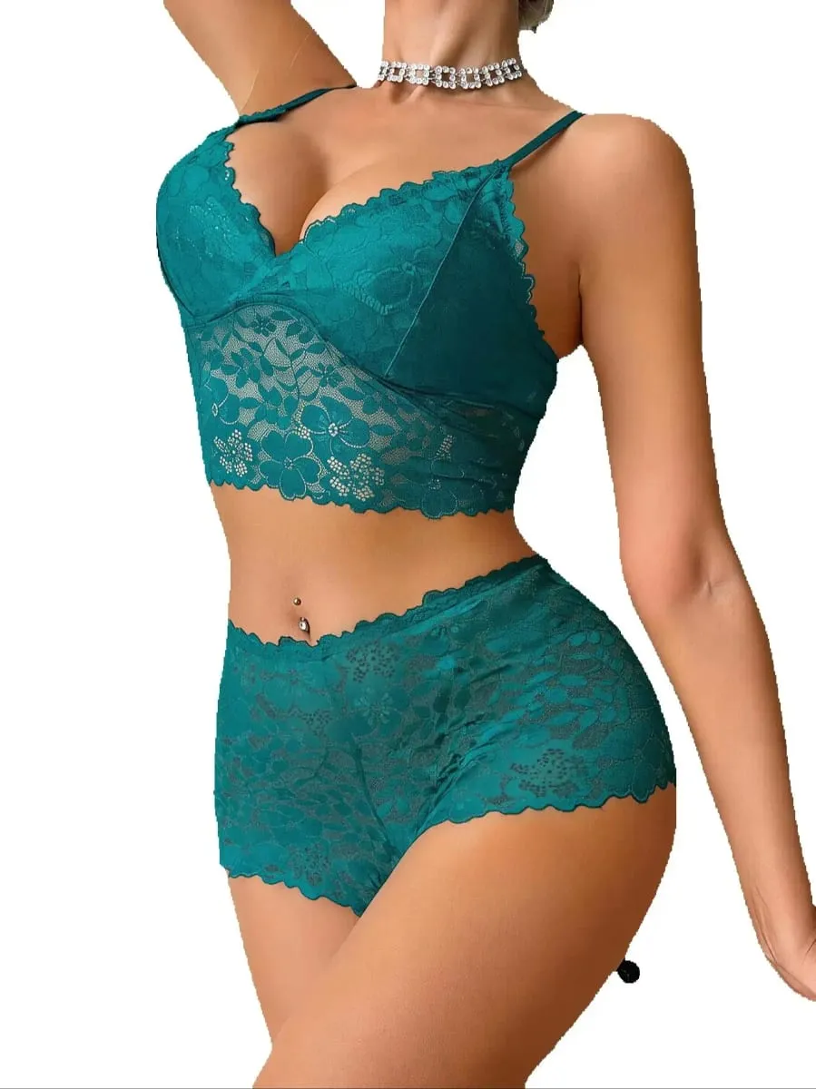 Sexy Lace Women's Underwear Set Wireless Unlined Bra Breathable Sheer Panties Solid Lingerie Set