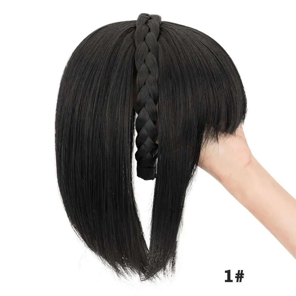 Snoilite 11'' Braided Headband with Clip-In Hair Topper With Bangs Natural Look Synthetic Straight Hair Extensions for Women 92g