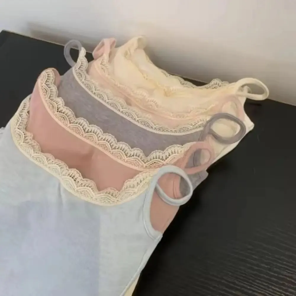 Sexy Lace Trim Slim Fit Camisole Vest With Chest Pad Fashion Women's Camis Tank Tops Summer Solid Color Versatile Integrated Top