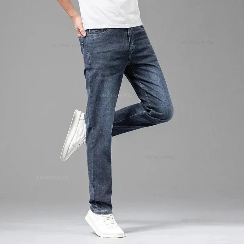 Celana Jeans Melar Katun Ringan Lurus Cocok untuk Pria Merek Musim Panas Celana Pria Jeans Abu-abu Muda Tipis Pinggang Tinggi Kasual Bisnis — image 6
