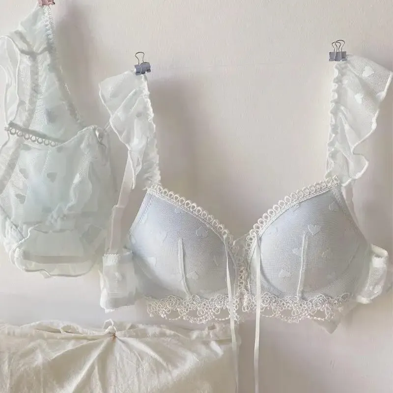 Japanese Kawaii Heart Print Lingerie Sweet Wireless Bralette Set for Small Breasts Comfortable Anti-Sagging Everyday Bra Set — image 11