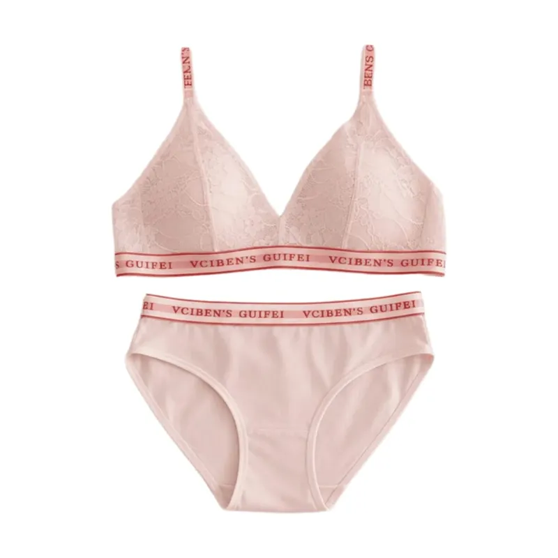 Breathable Letter Design Lingerie Set Deep V Wireless Women Underwear Suit Lace Color Blocking Bra Panties Set Daily