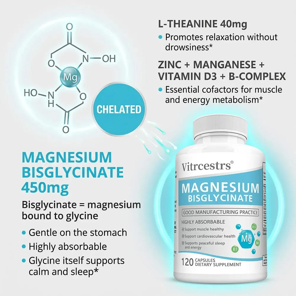 Magnesium Bisglycinate Capsules 450mg Daily Mineral Supplement Support Muscle Joint Cardiovascular and Digestive Body Wellness