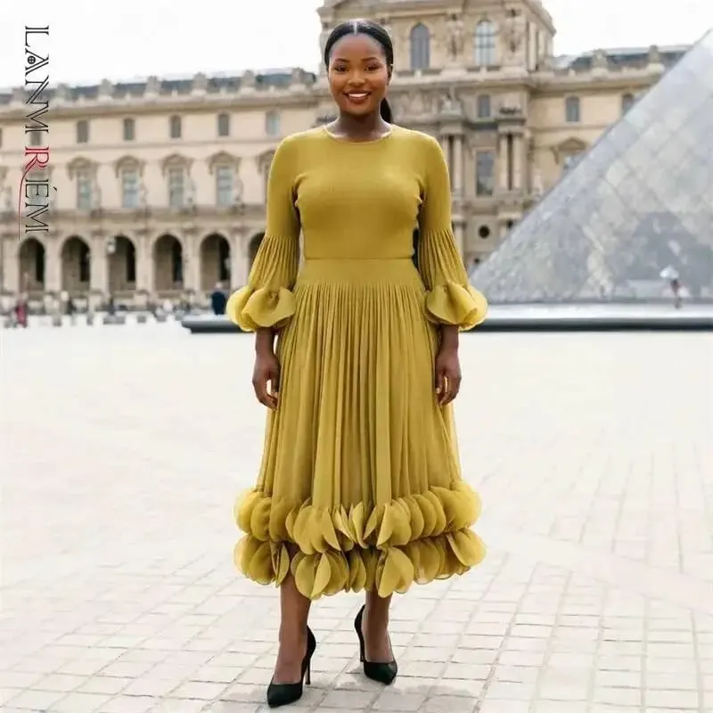 Niche Women's Pleated Dress Fashion Solid Color Elegant Round Embellishments Patchwork Design Famale Clothing 2DB8043 — image 2