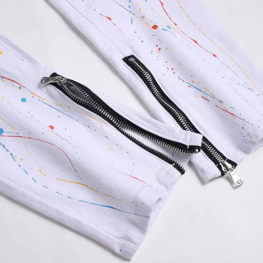 Men Painted Stretch Denim Jeans Zippers Buttons Fly Biker Pants Streetwear White Slim Tapered Trousers — image 5
