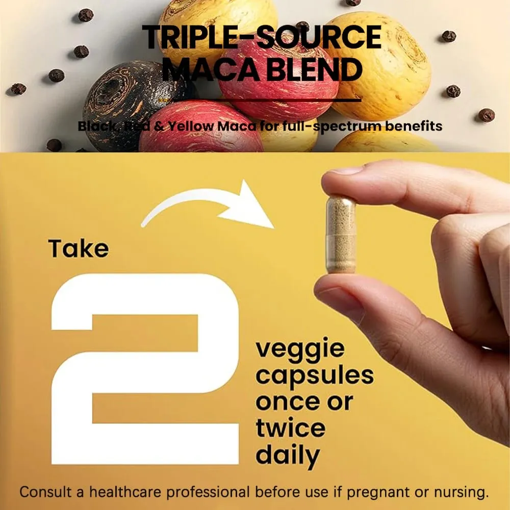 Organic Maca Root Powder Capsules 1500mg with Black+Red+Yellow Peruvian Maca Root Supplement for Men and Women - Vegan Pills