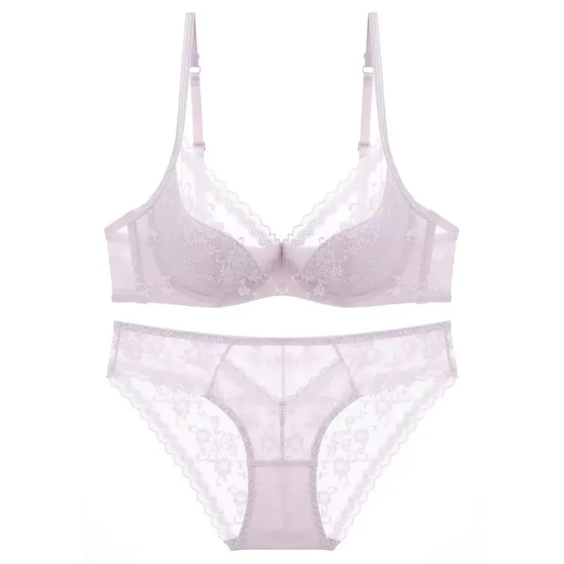 Thin Lace Lingerie Set for Summer Small Chest Gathering Soft Steel Ring Support Anti Sagging Bra Underwear Two-Piece Set — image 4