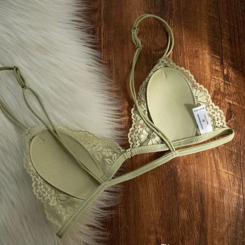 French Style Sexy Lace Thin Triangle Bra With Front Button Women's No Steel Ring Wireless Lingerie Underwear Beautiful Back Bra — image 5