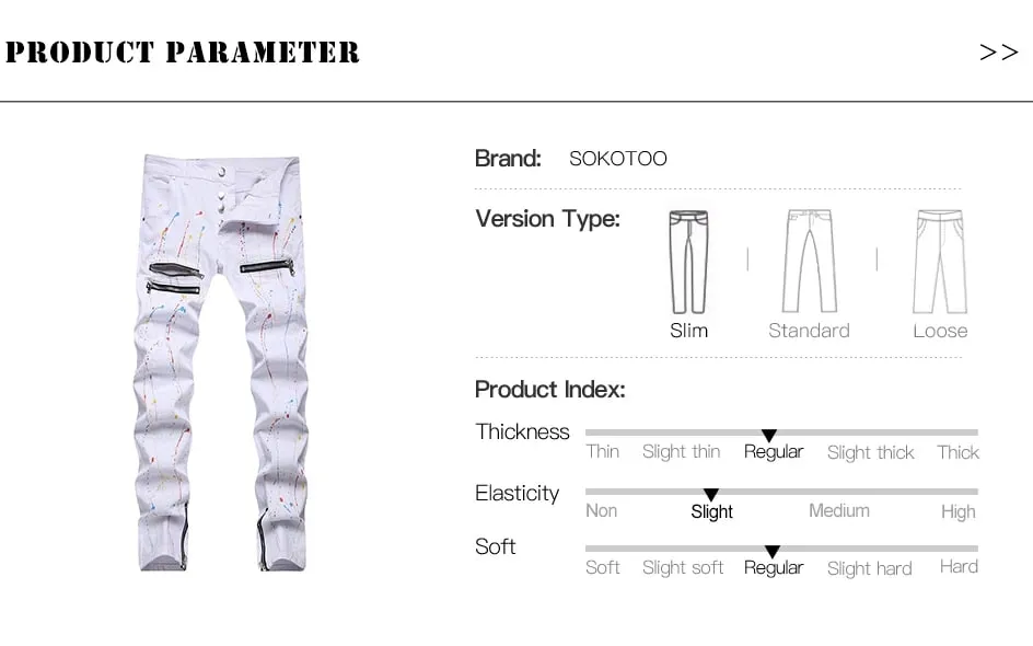 Men Painted Stretch Denim Jeans Zippers Buttons Fly Biker Pants Streetwear White Slim Tapered Trousers — image 7