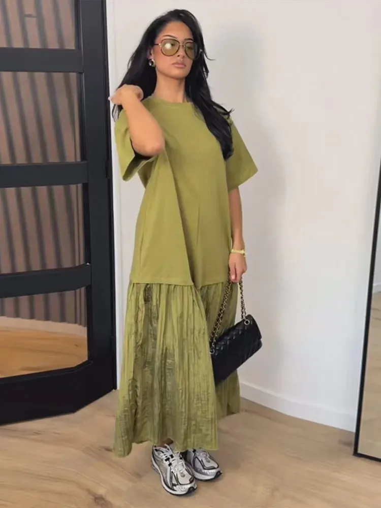 Fashion Patchwork Women Short Sleeve Dresses Casual O Neck Loose Female Solid Midi Dress 2026 Spring New Lady Long Robe Street