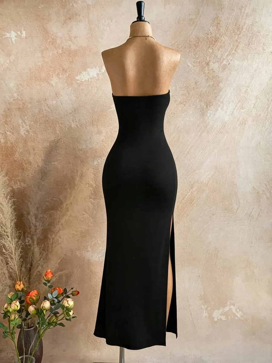 Women Strapless Tube Top Midi Bodycon Dress High Side Slit Solid Black Sleeveless Slim Fit Evening Party Long Dress