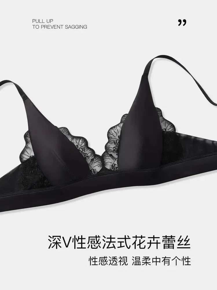 低調法式內衣無鋼圈奢華緞面胸罩適合小胸夏季薄罩蕾絲胸罩優雅舒適 MOYISU S-XL AB