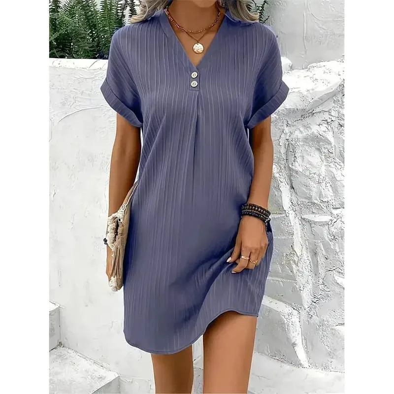 Women's Summer Solid Color Simple Short-Sleeve V-Neck Shirt Dress Comfortable Casual Elegant Loose-Fit Dress with Button Desig