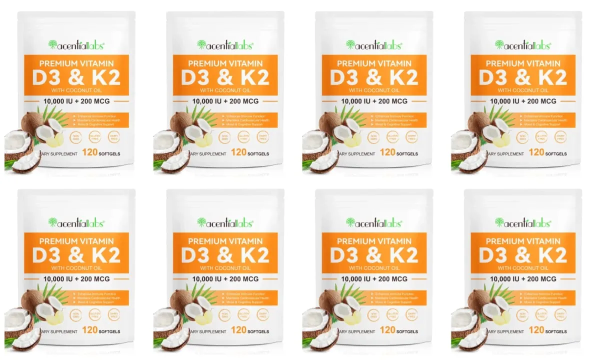 Acentiallabs Premium Vitamin D3 K2 Softgels Ergänzungen Kokosnussöl Vitamin D3 AK2 Weichkapseln zur Immununterstützung für Erwachsene