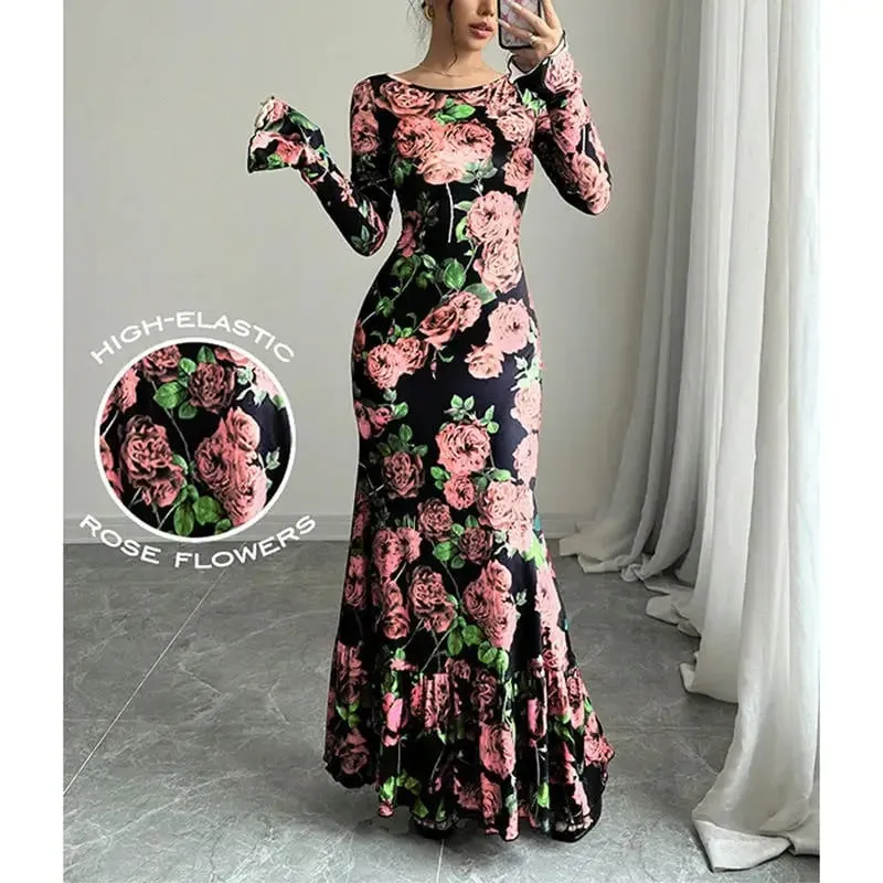Elegant Rose Printed Maxi Dress O Neck Long Sleeves Bodycon Fishtail Dress Figure Slim Rose Floral Pattern Adds Charm Long Dress — image 9