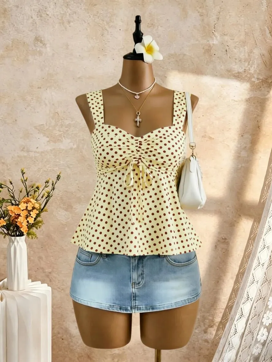Women Sweetheart Neck Drawstring Ruched Peplum Cami Top Polka Dot Print Sleeveless Casual Camisole Outfit — image 8