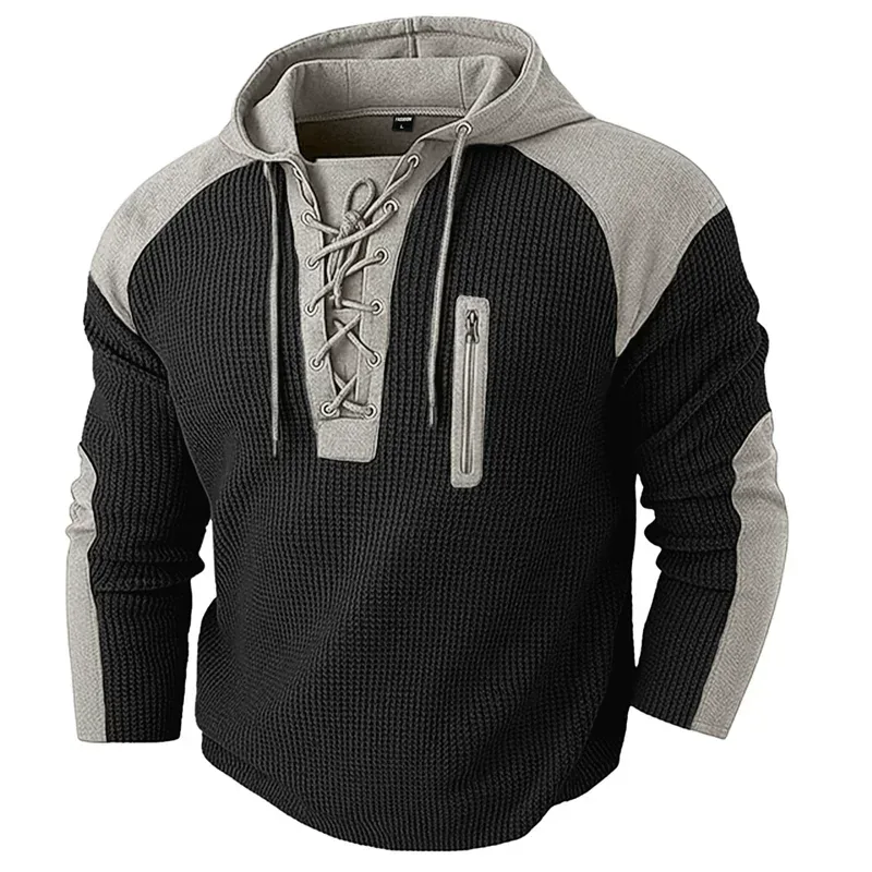 Spring Autumn Men's Casual Hooded Sweatshirt Vintage Patchwork Casual Sports Sweatshirts Mlae Fashion Drawstring Pullover Hoodie — image 1