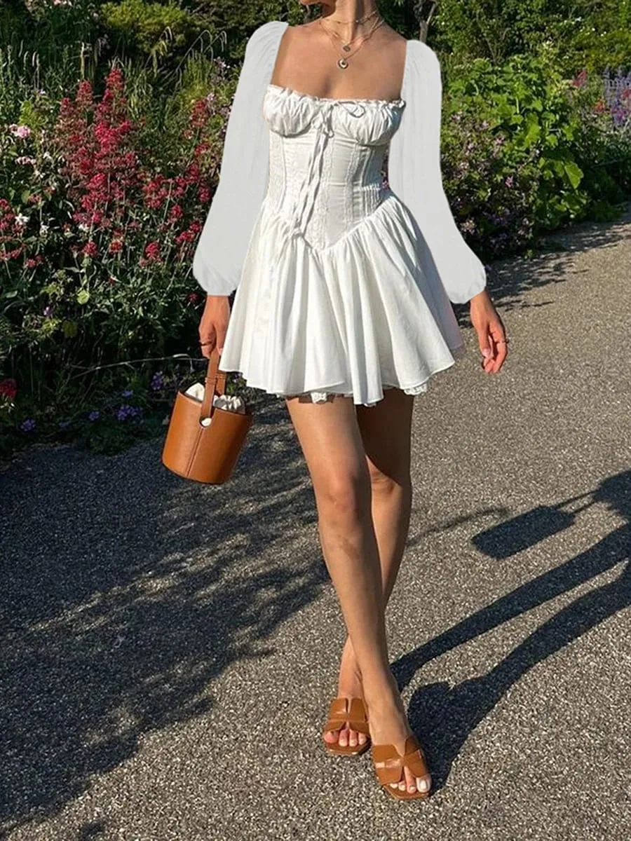 Mini robe à volants pour femmes, col carré, avec corset à lacets, ceinture évasée, manches longues, Vintage, motif Floral, ligne a, robes trapèze