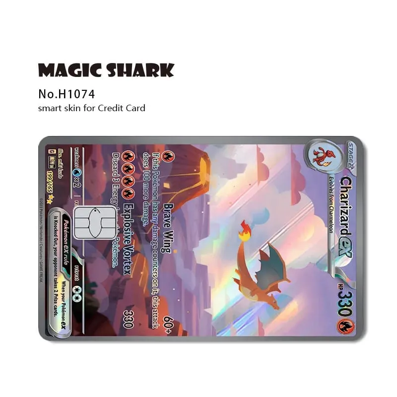 Tubarão mágico mew charizard ex eevee gengar pikachu tcg cartão holográfico laser filme de pele adesivo para cartão de crédito bancário
